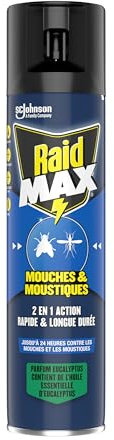 Raid Max Aérosol Mouches et Moustiques - 2 en 1 Action Rapide et Longue Durée - Parfum Eucalyptus - Jusqu'à 24h d'Efficacité - 1 Aérosol