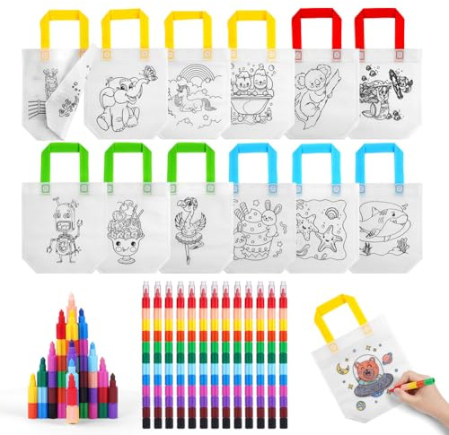 OSDUE DIY Graffiti Party Bag, 13pcs Non-Woven Reusable Colouring Bag for Painting & 13 Color Crayons for Kids, Eco-Friendly Arts & Crafts Gift for Schools and Birthday Party