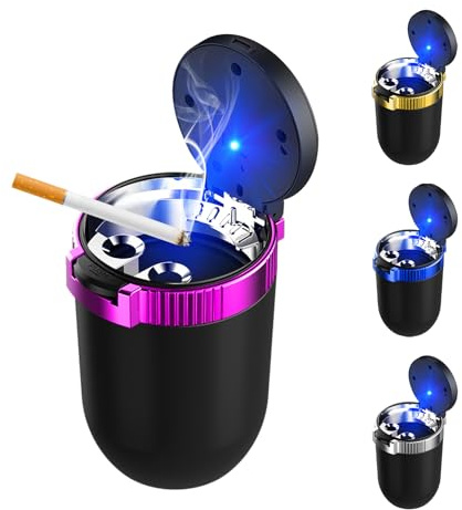 Ohleats Car Ashtray with Lid, Detachable Stainless Steel Ash Tray with LED Blue Light, Portable Mini Vehicle Cup Holder Trash Can Smell Proof Ashtray Cup, Universal Car Accessories (Purple)