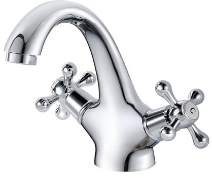 Robinet de Lavabo Rétro, Mitigeur Lavabo Double Poignée, Robinet D'évier de Salle de Bain, Robinetterie de Lavabo avec Eau Chaude et Froide Disponible, Chromé