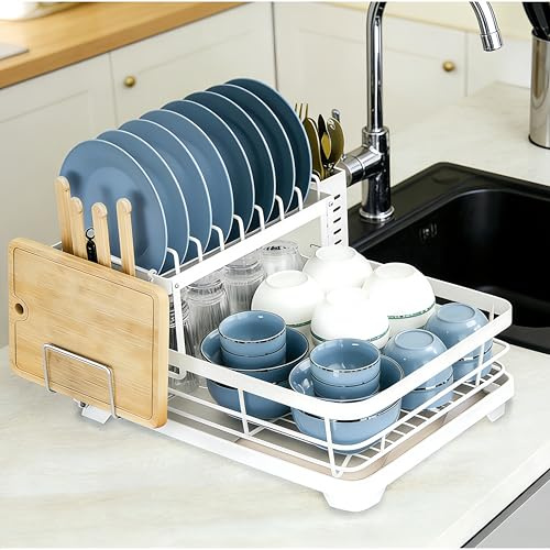 Uwenkjie dish drainer rack,2 tier dish drainer rack,dish racks with drain board,Kitchen Dish Drain Stand, Stainless Steel Sink Dish Stand with Utensils and Cutting Board Rack,white