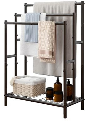 ARFARLY Freestanding Towel Rack,3 Tier Towel Holder Stand, Metal Towel Rail for Bathroom Laundry Room Bedroom,Industrial Drying and Display Rack with Shelf, Black