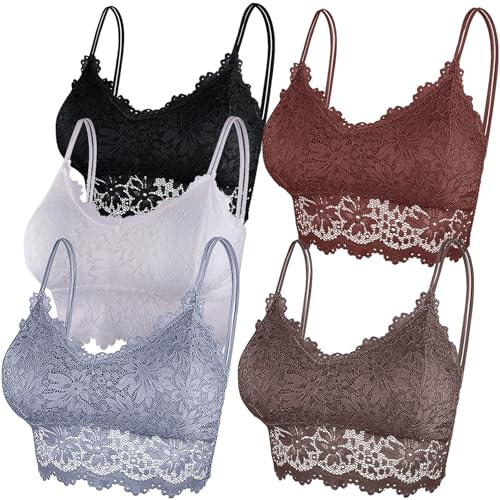 Duufin 5 Pieces Padded Lace Bralette Bandeau Tube Bra with Straps and Removable Pads for Women Girls, Chestnut, Brown, White, Grey, Black, S-M
