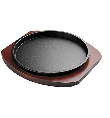 Stektallrik, tjock Teppanyaki-panna, gjutjärn tefat, kökstallrik, asiatisk stil mini gjutjärnsskål med träskiva, perfekt för matlagning av skaldjursbiffar och mer – 22 cm