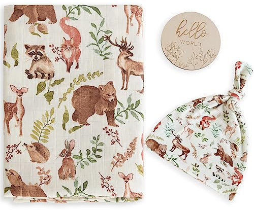 LifeTree Baby Pucktücher aus Baumwolle und Bambus, Große Musselin Tuch, 120x120cm Mullwindeln Baby Decke, Hut und hölzerne Geburtstagskarte Set/Waldland Design