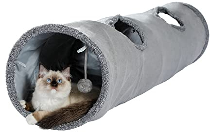 PAWZ Road Schön Faltbar Katzentunnel Katzenspielzeug mit Ball, Rascheltunnel, Spieltunnel für Katzen, 130cm x 30cm, Kaninchen Spielzeug, Grau Tunnel für Wohnungskatzen