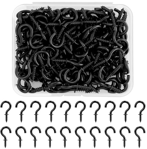 DAVIDJAMESCLARKE 125 stycken svarta skruvkrokar, 1/2 tums metallskruvkrok, mini skruvkrok med 1 styck förvaringslåda, för tak, vägg, trä, smycken, nyckelring, dekoration