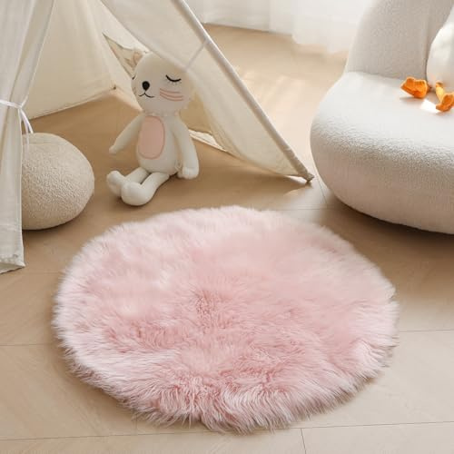 Obundi High Pile Pink Fluffy Round Rug 100cm Washable Carpet | Faux fur, Non-slip ,Shaggy, Thick, Long Plush, Round rug, Circle rug, for bedroom, living room, kids room, bedside, nursery