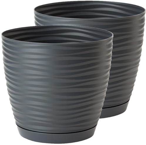 Home Garden Ornaments Plant Pots Indoor – Set of 2 Plastic Flower Pots with Saucer and Drainage Holes, Decorative 3D Wave Design (Anthracite, 17cm / 6.7 inch)
