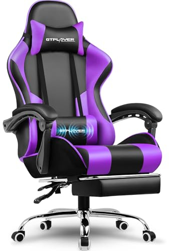 GTPLAYER Silla para Videojuegos, Silla de Oficina, Silla ergonómica para PC, sillón de Gaming con Soporte Lumbar de Masaje, sillas de Tarea con reposapiés y reposacabezas, Piel sintética Morada
