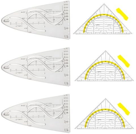 Geodreieck Set, 3 Parabelschablone und 3 Geodreieck mit Griff, Parabel Lineal Geodreieck Flexibel, Parabel Schablone Zeichendreieck Geeignet für Studenten Büro Designer Malerei