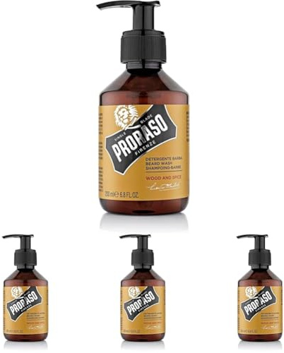 Proraso Detergente Barba Wood and Spice, 200ml, Shampoo barba detergente per uomo con azione purificante per la cura della barba, Made in Italy (Confezione da 4)