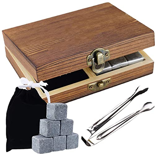 ZDAGELD Pietre Refrigeranti per Vino, 9 Pietre Riutilizzabili per Bevande in Granito, Whisky, con Confezione Regalo in Legno, 9 Refrigeranti, una Pinzetta, un Sacchetto di