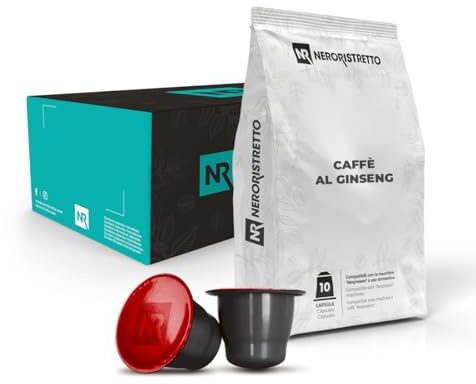 NERORISTRETTO Caffè al Ginseng 50 capsule (5 confezioni da 10) Compatibili con le Macchine ad uso domestico Nespresso®*, Preparato Solubile Aromatizzato, Dosaggio Consigliato 40 ml