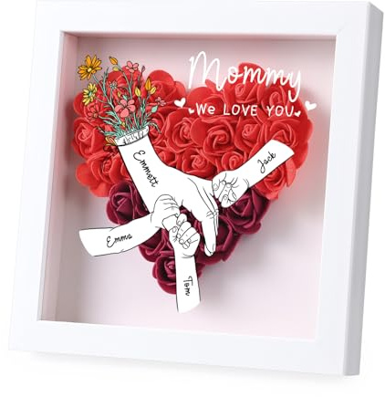 RolaOnly Día de la Madre Personalizado Caja de Flores para Mamá con 2 a 8 Nombres, Caja de flores Secas en Forma de Corazón, Regalos para Futuras Mamás