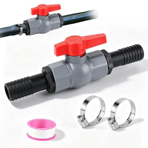 Kulventil med slangkoppling, PVC-kulventil 32 mm, poolventil ventil, avstängningsventil pool, med invändig gänga 32 mm och slangnipplar 25 mm, poolslangkoppling, för pool och dammbyggnad, akvariestik