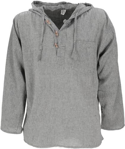 GURU SHOP Nepal Hemd, Goa Hippie Sweatshirt, Yogashirt, Schlupfhemd mit Kapuze - Grau, Herren, Baumwolle, Size:S