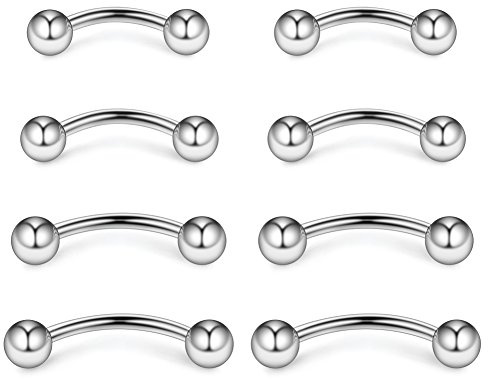 Ruifan 8PCS 14g Eyebrow Piercing Jewelry Curved Barbell Snake Eyes Tongue Navel Belly Tragus Lip Ring 8mm 10mm 12mm 14mm - Steel
