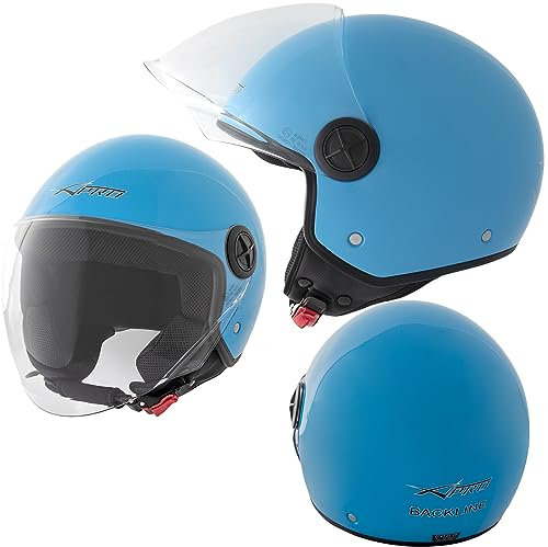 A-pro Casco Jet Scooter Moto ECE 22 Visera Pantalla Azul Claro Pulido XL