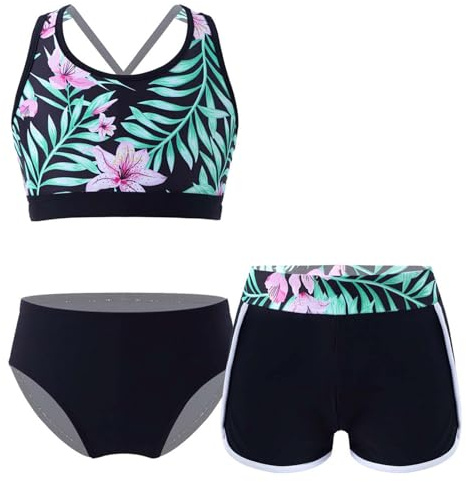 Freebily 3 Pièces Maillots de Bain Filles Tankini Bikini Vetement de Natation Plage Anti UV Ensemble Haut + Slip + Short de Bain Swimwear 3-16 Ans