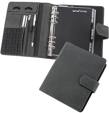 Bind 15505 Planificateur système, format A5, en cuir, gris, avec insert système Manager, calendrier 1 semaine = 2 pages, planificateur avec fermeture magnétique, env. 24,5 x 20 cm, marron