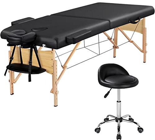 Yaheetech Massageliege Set 2 Zonen Massagebett mit Buchenholzbeinen klappbar Massagebank 70 cm Breit & Höheverstellbar Drehhocker Massagehocker