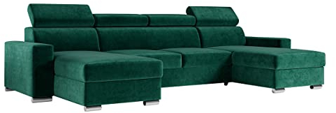 MKS MEBLE Sofa U Form, Wohnlandschaft U Form mit Schlaffunktion, Sofa mit Schlaffunktion, Sofa XXL, Couch mit Schlaffunktion, Polstersofa mit Bettkasten - Fox U Grün Monolith