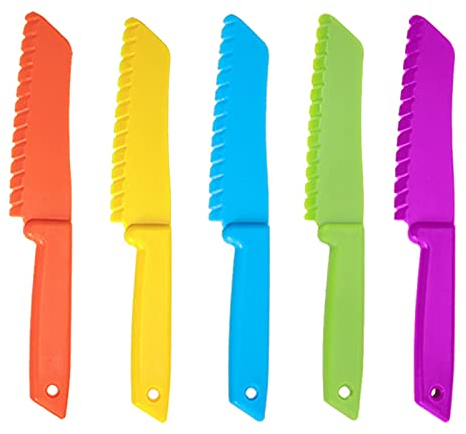 XZSomaloy 5Pcs Kid Kitchen Knife Plastic Fruit Knive Child Safety Knife Colorful Serrated Knife Suitable for Baking Fruit Bread Cake Lettuce Salad (5 Colors)