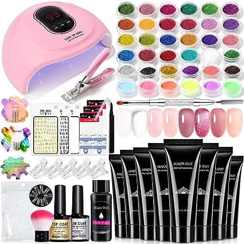 Major Dijit Nagelverlängerung Kit, 8 Farben Poly Nagel Gel Kit mit 38W UV Lampe, Nagelbürste Unterlack Decklack Nagelform Glitter Nagelknipser All-in-One Nagelstudio Set
