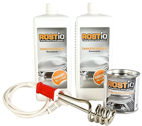 Rostio Tankentroster-Set 2L – inkl. 250ml Tankversiegelung, 500ml Tankreiniger & Tauchsieder – hochergiebig (1:10) – für Tanks bis 20L – Rostentferner & Korrosionsschutz – ethanolfest – Komplett-Set