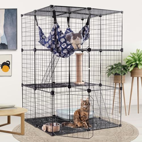 Kalolary Jaula para Gatos Interior, Valla Metálica para Pequeños Animales Montaje DIY Parque Metálica Desmontable con Hamaca Cuenco para Gatos Caja de Arena para Animales Pequeños (3 Niveles)
