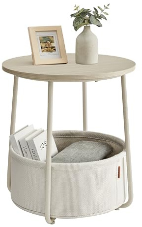 VASAGLE Side Table, Round End Table with Fabric Basket, Spacious, for Living Room Bedroom, Bedside Table, Modern Style, Cream White LET223K67