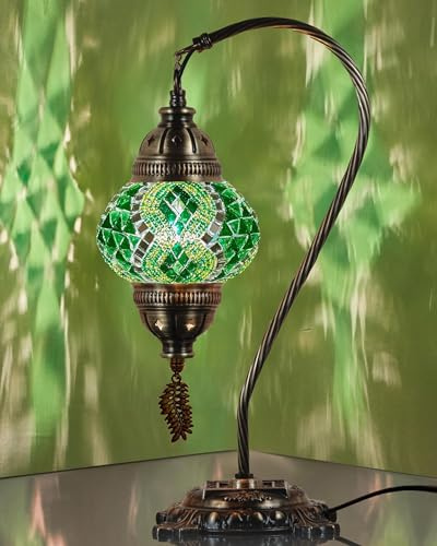 DEMMEX Authentic Turkish Lamp, Made in Turkey, Turkish Moroccan Tiffany Style Mosaic Table Bedside Lamp, Lampshade, 100% Handcrafted, Antique Brass Color Metal Body & Base, 15 (Green)