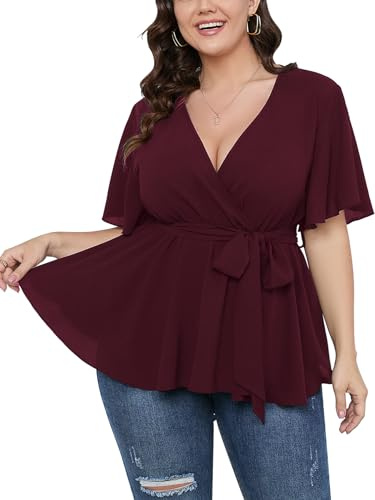 SCOMCHIC Women's Plus Size Short Sleeve V Neck Wrap Belted Ruffle Peplum Blouse Tops, Burgundy, 3XL