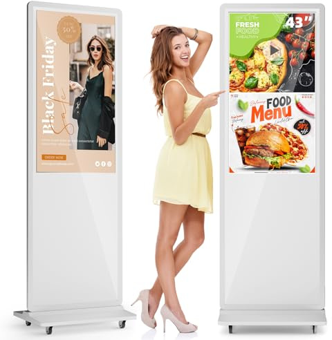 MWE 43 Pulgadas Pantalla Publicidad Tactil con 4 Ruedas, Señalización Digital, LCD Monitor Vertical, Sistema Android, Adecuado para Tienda, Restaurante, Centro Comercial, Blanco