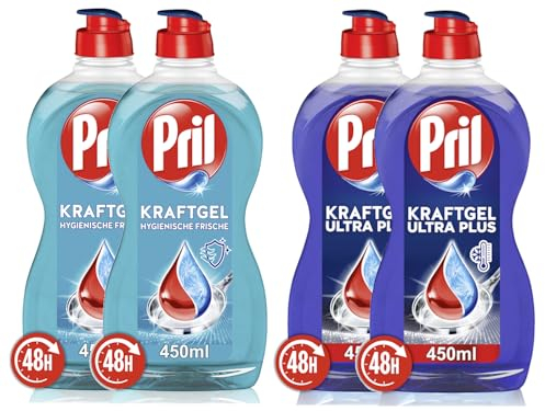 PRIL Kraftgel-Set 2x Ultra Plus & 2x Hygienische Frische, Handgeschirrspülmittel-Set mit höchster Fettlösekraft, für sauberes Geschirr auch in kaltem Wasser, 4x 450ml