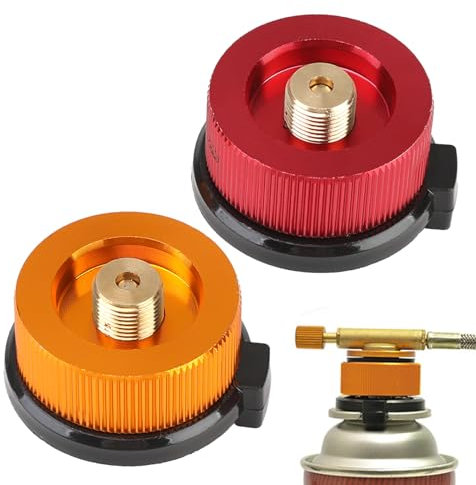 2PCS Gas Bottle Adaptor, Portable Gas Refill Adapter Stove Connector, Outdoor Hiking Stove Adapter Camping Nozzle Bottle Convert Connector for Butane Canister to Screw Gas Cartridge - Yellow + Red