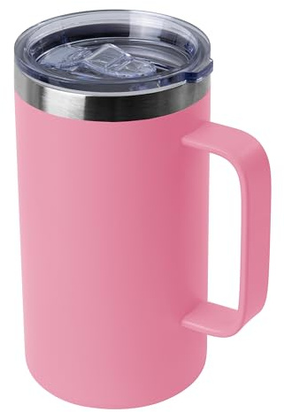 DOMICARE 24oz Mug with Handle and Lid, Stainless Steel Coffee Mug, Reusable Insulated Cup, Travel Mug with Handle, Double Wall Vacuum Coffee Tumbler for Men and Women, Pink, Pack 1