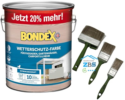 zbs24 Bondex Wetterschutzfarbe für Außen, atmungsaktiv, bis zu 10 Jahre Wetterschutz, extreme Deckkraft, einfache Verarbeitung, für Holz, inkl. 3-teiliges Pinselset (achatgrau RAL7038, 3 Liters)