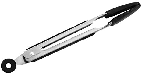 Pince de cuisine en silicone, pince de service pour la cuisine, haute chaleur jusqu'à 230 °C, pinces alimentaires en acier inoxydable avec embouts en silicone antiadhésifs (22,9 cm, noir)