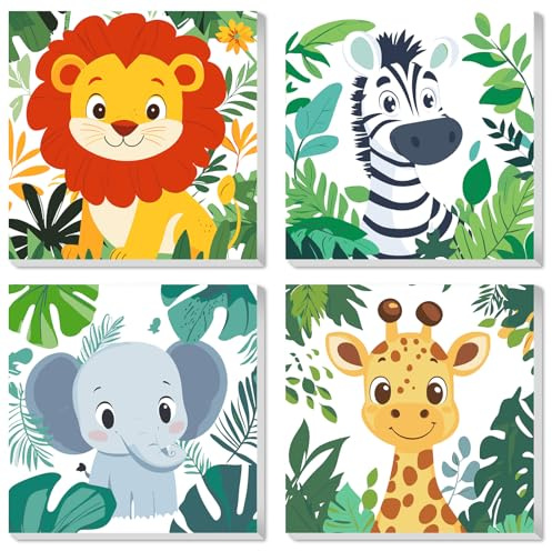 QENSPE Pintura por Números para Niños con Marco Edad 6-12, 4 piezas Animal Paint by Numbers Kit para Adultos Lienzo Enmarcado Pintura Decoración Regalo para Niño, 20x20cm, León+Cebra+Elefante+Jirafa