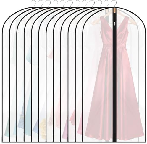 12 Pack Garment Bags, 47in PEVA Suit Bags Clothes Covers, Black Edge | Waterproof Dustproof Protection, Full Zip, Reusable, Translucent Design, For Dresses, Coats, Suits, Home or Travel
