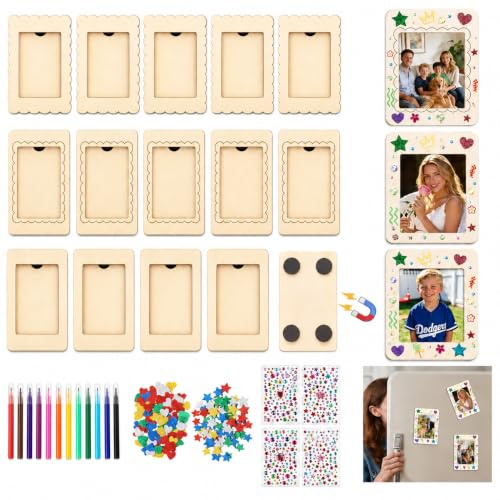 Qibivfo Holzbilderrahmen zum Bemalen 15er Set, Mini-Magnet-Bilderrahmen Bastelset Kinder, Bilderrahmen zum Selbstgestalten mit Stiften, Aufklebern & Strasssteinen, DIY für Kindergeburtstag