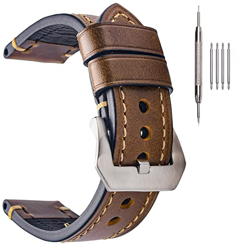 EACHE Correas de reloj de cuero de 22mm para hombres, correas de reloj de cuero grueso genuino enceradas al aceite, marrón oscuro con hebilla plateada