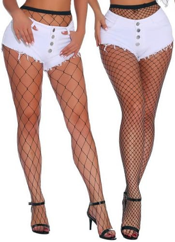 MengPa Women's Fishnets Tights High Waist Stockings Party Thigh High Pantyhose 2Pcs (Black-(L&XL Gride)) 2359-2Pcs