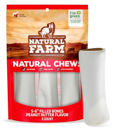 Natural Farm Peanut Butter Flavor Filled Dog Bones (5-6 Inch, 3 Pack), Limited Ingredient Stuffed Dental Dog Bone Treats for Small, Medium and Large Dogs