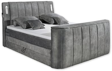 DALLAS 6 Boxspringbett 180x200 mit Bettkasten, Grau - Bequemes Doppelbett mit motorisierter TV-Halterung & LED-Beleuchtung - 186 x 126 x 244 cm (B/H/T)