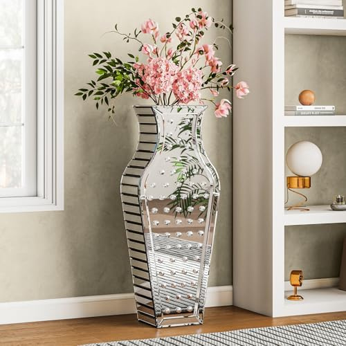 SHYFOY Grande Vaso da Terra, Vaso Alto a Specchio con Intarsio di Cristallo, Vasi per Rami Decorativi, MDF, 70 x 29 x 15 cm, Argento