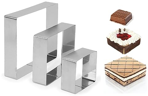 Gohytal Set di 3 stampi da forno rettangolari per torte, diametro 10/15/20 cm, in acciaio inox, anello angolare alto 4 cm, per torte multistrato, dolci/mouse/torta di compleanno fai da te