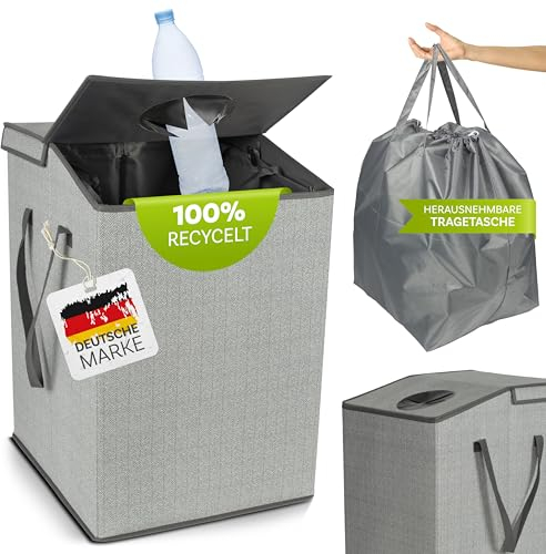 KrockaZone. Pfandflaschen Aufbewahrung mit 110L XXL Tragetasche & Deckel mit Flaschen Loch - Sammelbehälter für Leergut & Altglass - Flaschensammler Organizer, Pfandbehälter für Küche - grau